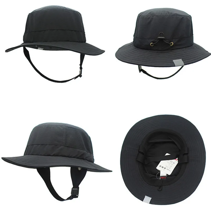 Beach Surf Cap Mesh Breathable Sun Hat UPF50+ Summer Outdoor Fishing Belt Chin Adjustable Bucket Hat Water Sport Unisex Solid
