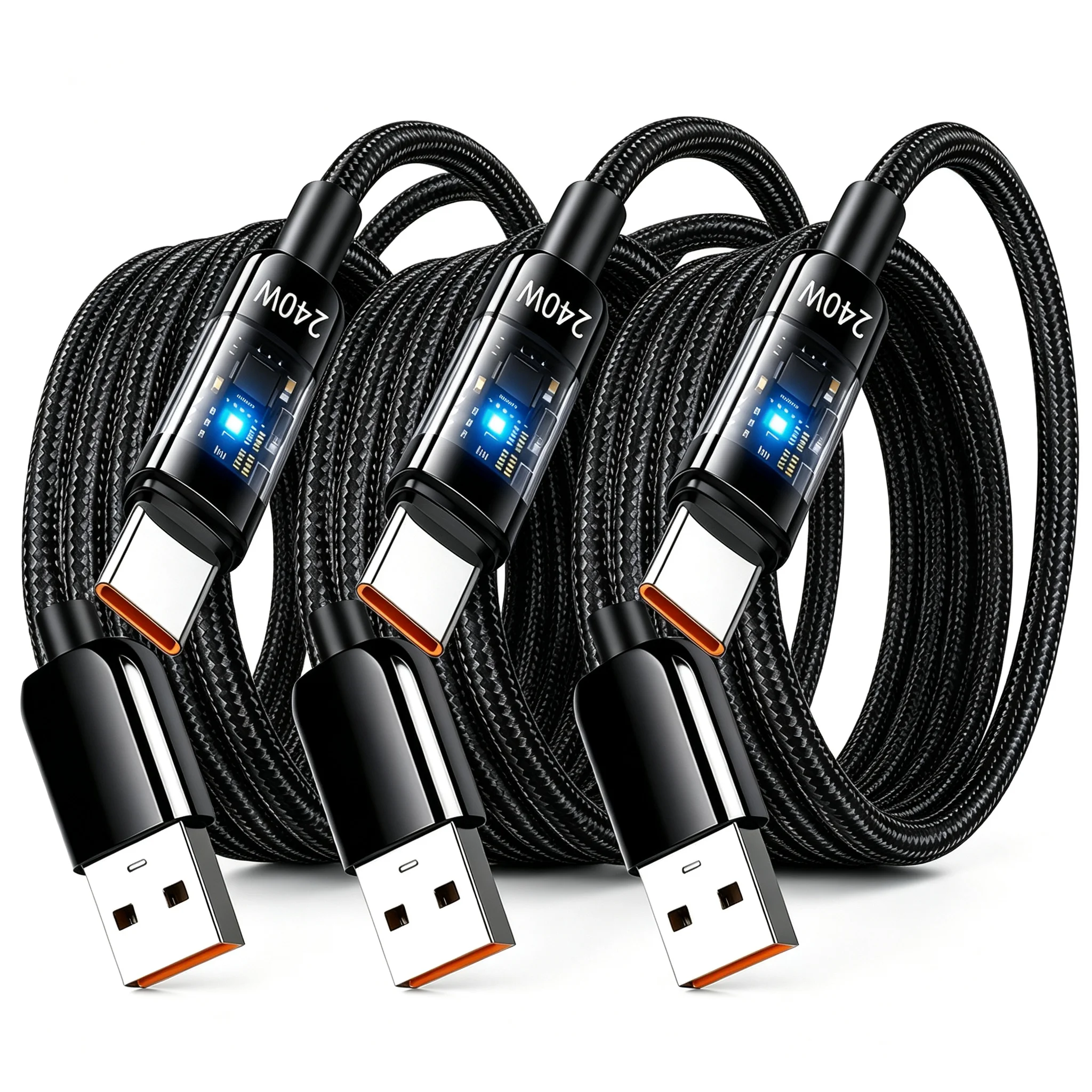 Ultra-Durable 240W USB-C Quick Charging Cable - Nylon Braided Transparent Charger Cord