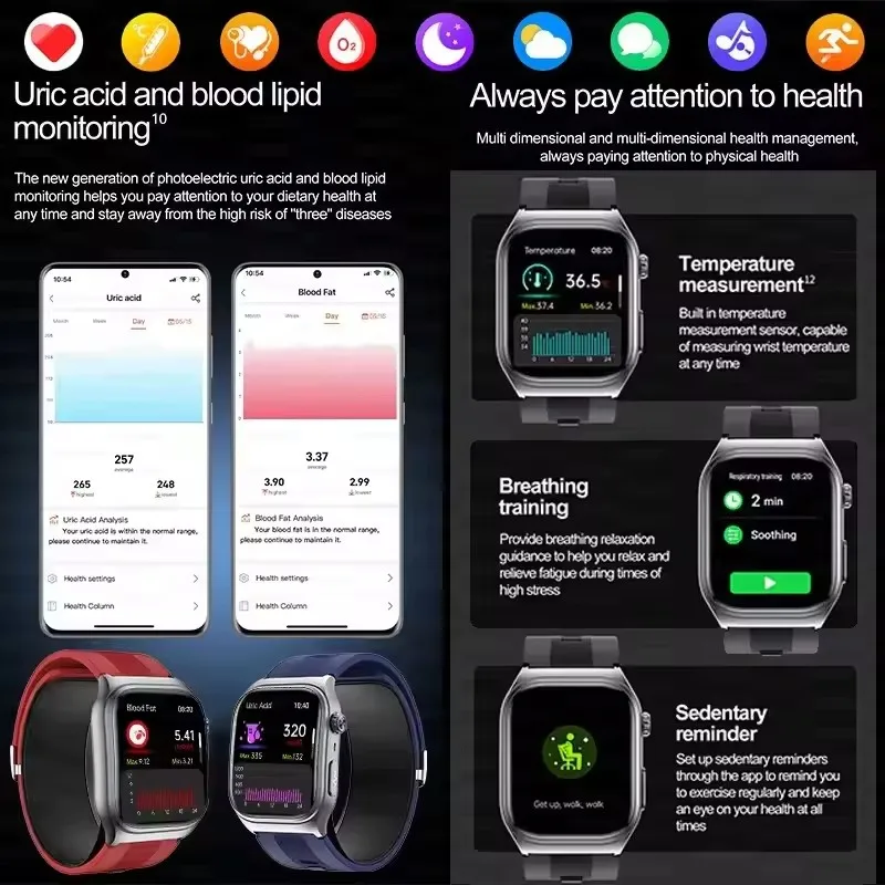 2025 New Health Monitor Smart Watch Blood Pressure Lipid Uric Acid ECG NFC Body Temperature Bluetooth Call Health Smartwatch
