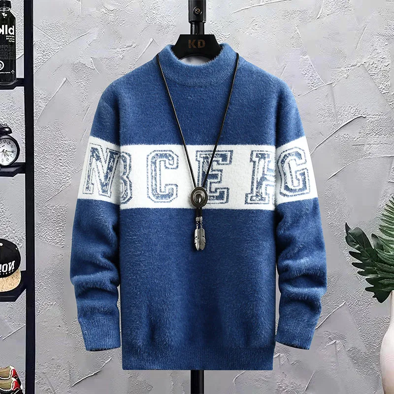 Men's Winter Knitted Sweater Pullover Print Korean Fashion Clothes Knitwears Clothing Long Sleeved Round Neck Spring Autumn