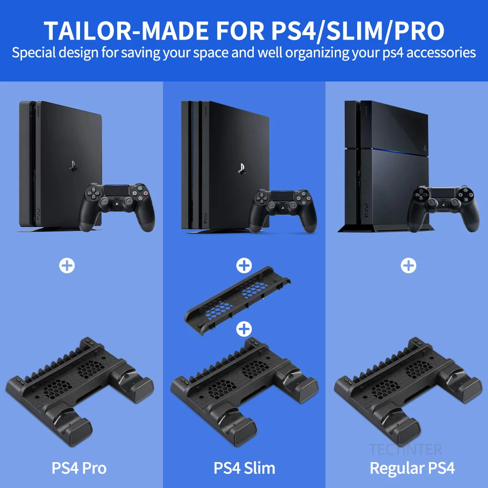 Suporte para PS4 com ventoinha de resfriamento para PS4 Slim/PS4  Pro/PlayStation 4, suporte vertical para PS4 com estação de carregamento de  controle duplo e armazenamento de 16 jogos