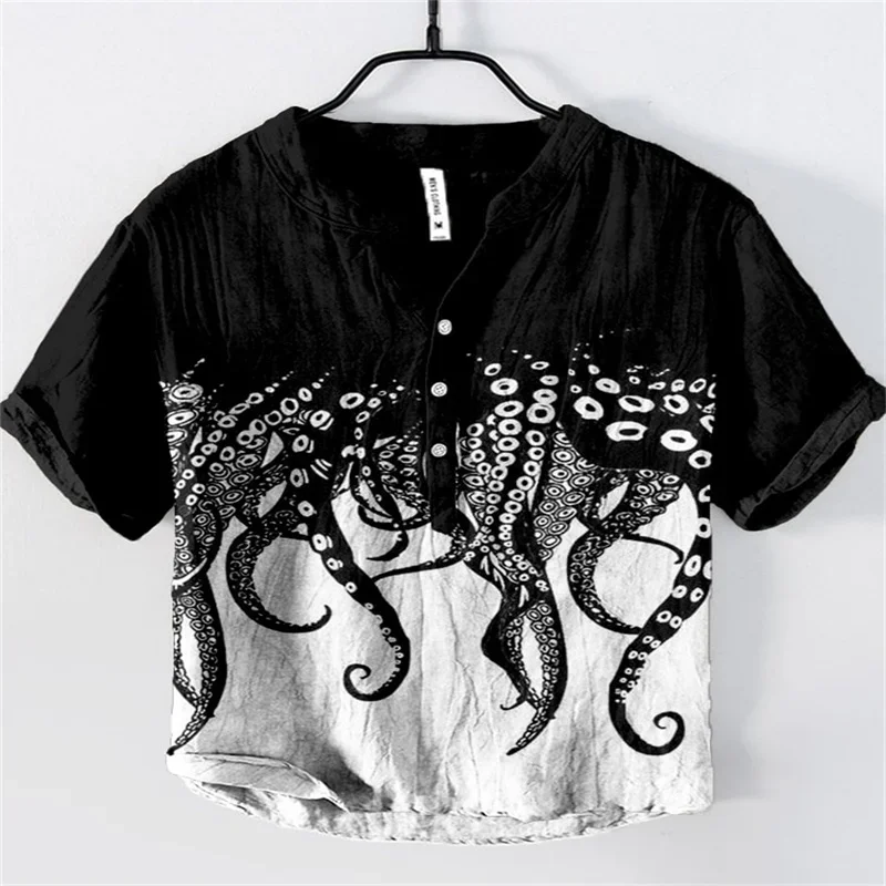 Men Summer V-neck Short Sleeve T-shirt Casual Print Linen Blended Shirt