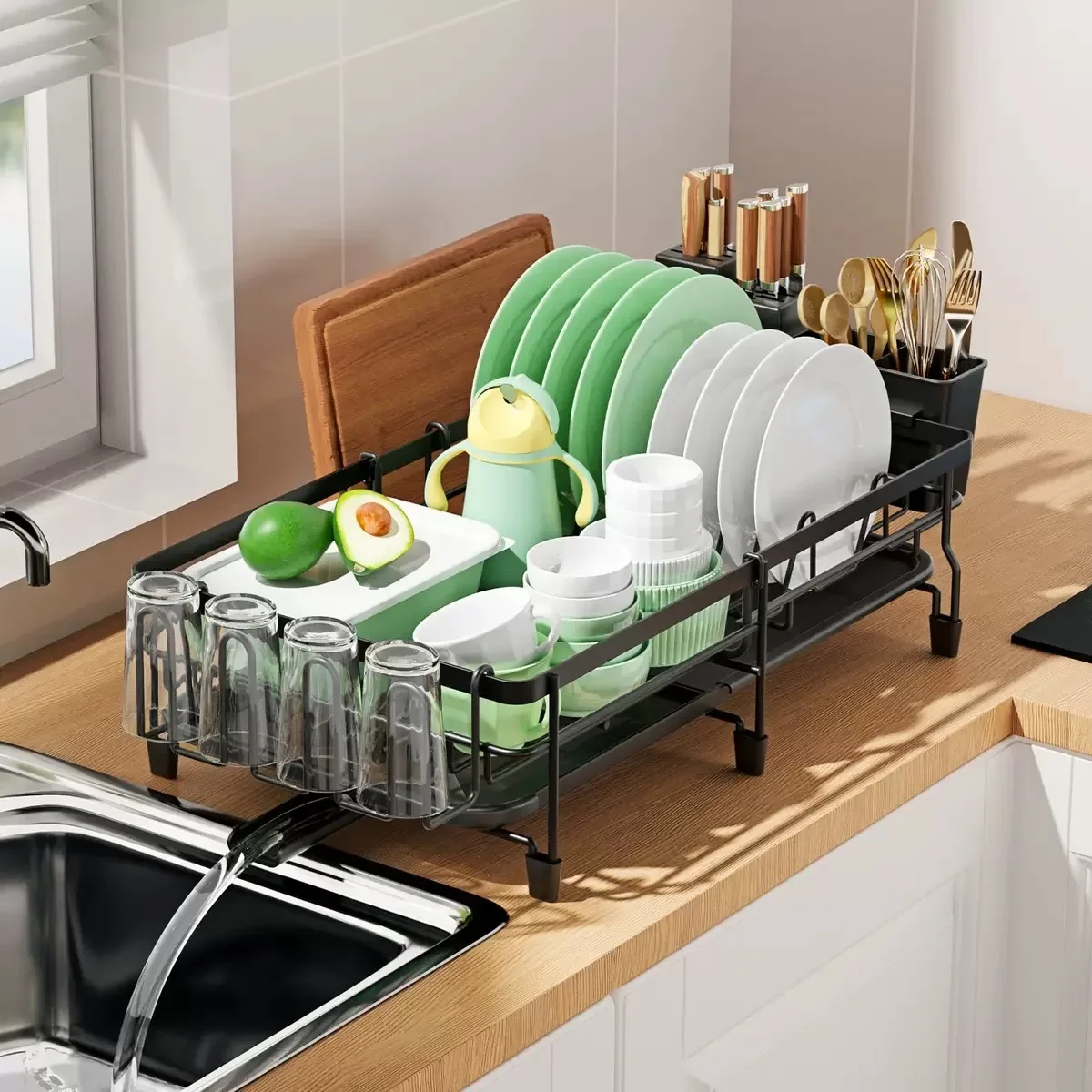 Dish Drying Rack, Dish Rack with Drainboard, Kitchen Expandable Dish ...