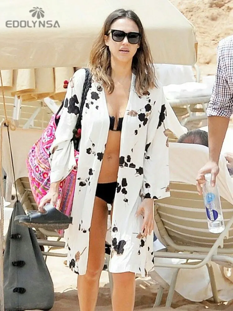 EDOLYNSA Beach Cover up Print Swimwear Ladies Walk on The Beach Cape Robe de Plage Tunic Women Beachwear Saida de Praia #Q22