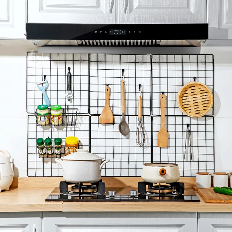 WallMountedGridStorageRackDecorIronHangingRackKitchenUtensils