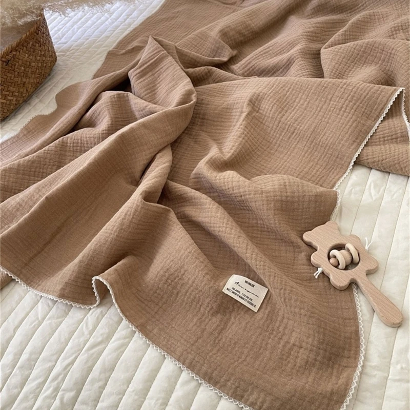 Pure Cotton Muslin Baby Blanket Solid Color Lace Edge Newborn Swaddle Wrap Infant Receiving Blanket Double Layers Kid Bath Towel