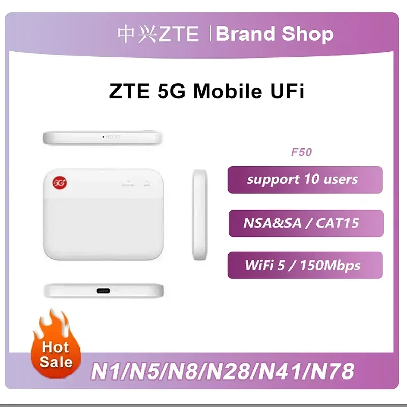 Unlocked ZTE 5G Pocket UFi F50 Mini WiFi Router Dual Band 1.6Gbps USB 3.0 Type-C Cat15 SA/NSA  5G 4G LTE Mobile Portable Hotspot