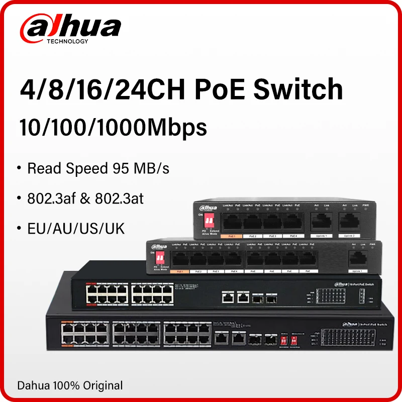 Prednji pogled na Dahua PoE switch koji prikazuje glavne portove