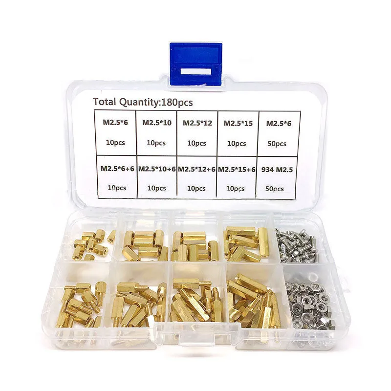 180pcs M2.5 Male Female Hex Brass Spacer Standoff Screw Nut Assortment