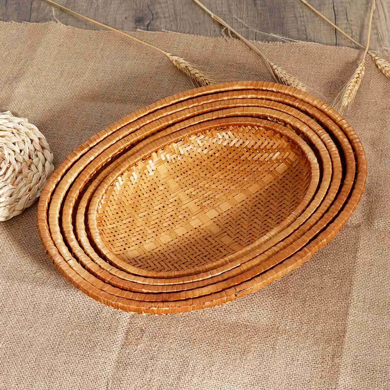 Storage Tray Kitchen Tray Oval Rattan Woven Storage Basket Bread Fruit Food Storage Tray Handmade Vegetable Display Rattan Basket Kitchen