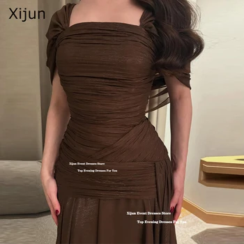 Xijun Elegant Brown Chiffon Evening Dresses Off The Shoulder A-Line Formal Prom Dresses Pleated Saudi Arabia Prom Gown Customize 1