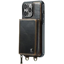 Premium PU Leather RFID Blocking Wallet Case with Card Holder and Zipper Strap - Shockproof Folio Cover - iPhone 15 Plus (Coffee)