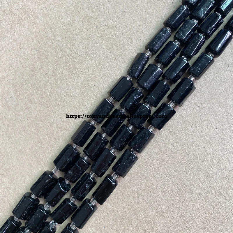 7'' Natural Faceted Black Tourmaline Cylinder Spacer Stone Beads 6.5X10mm For Jewelry Making DIY