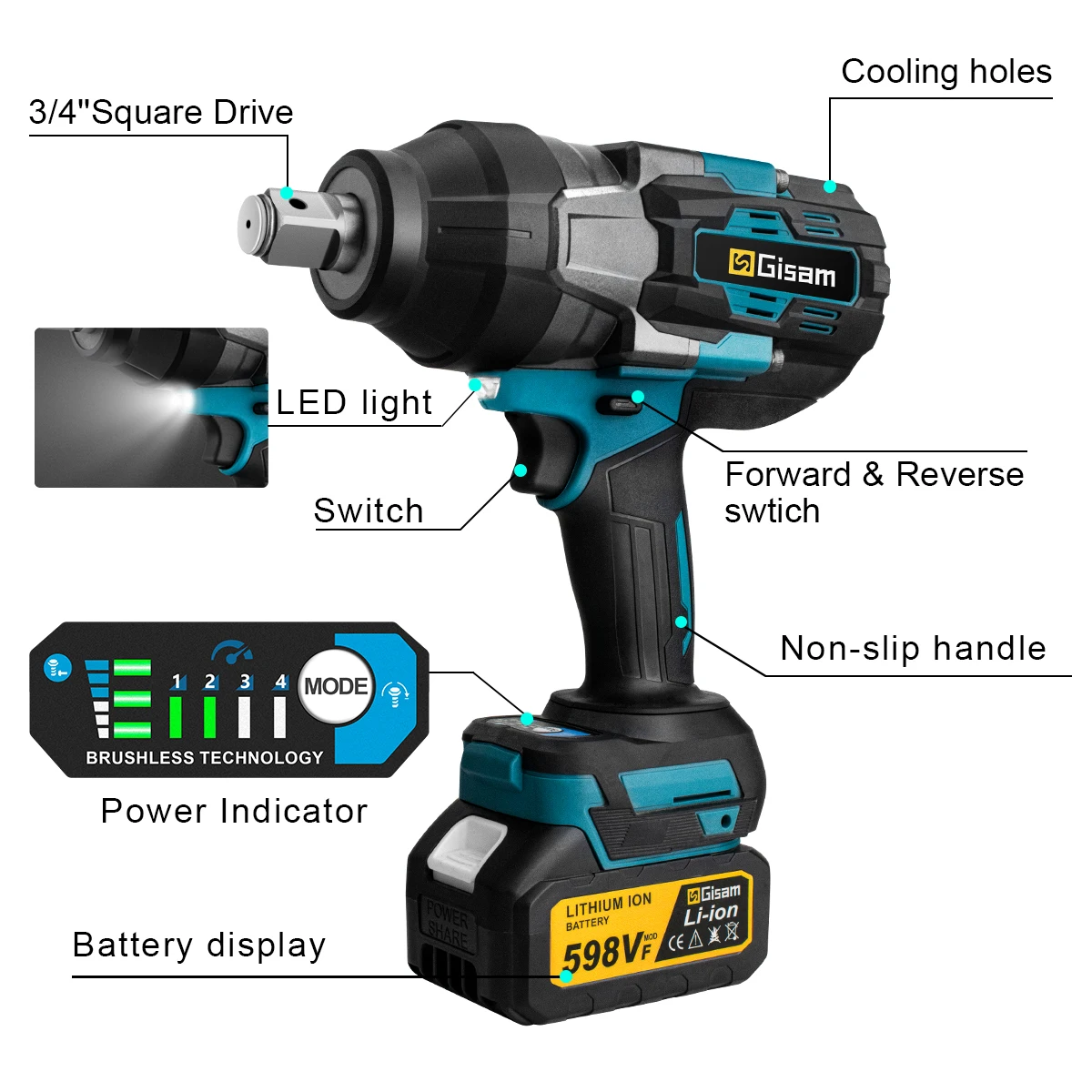 Gisam 3100N.M High Torque Brushless Electric Impact Wrench 3/4 inch Cordless Electric Wrench Power Tools For Makita 18V Battery 6