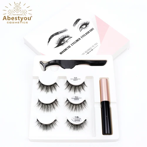 Abestyou 마그네틱 속눈썹 믹스 스타일 3D 인조 속눈썹, 방수 액체 아이라이너 세트, 핀셋 포함, 마그네틱 메이크업, 3 쌍 5