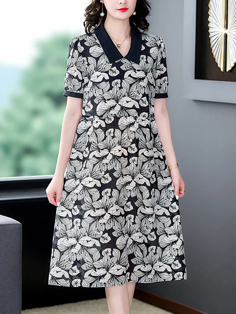 

Женское шелковое платье-поло с коротким рукавом, Черное Длинное Элегантное платье средней длины с цветочным принтом в Корейском стиле, лето 2024