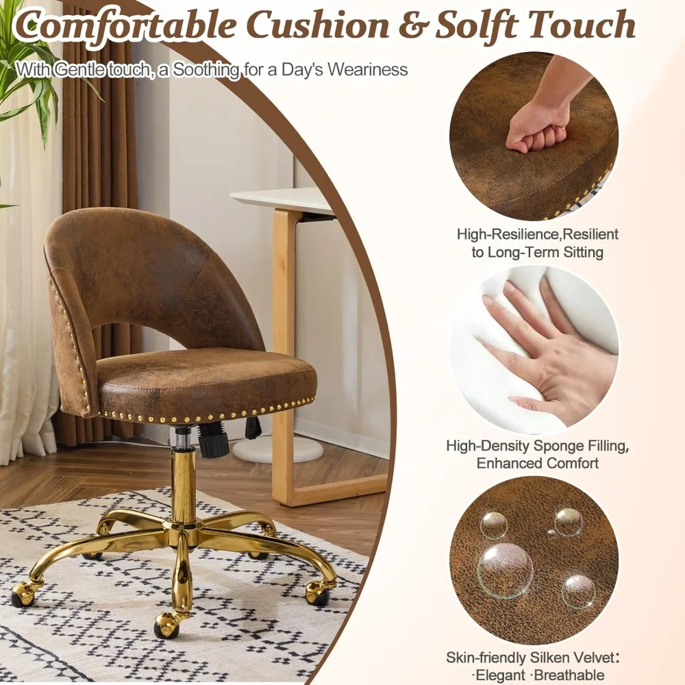 "elegant velvet swivel chair with gold base for stylish office spaces"