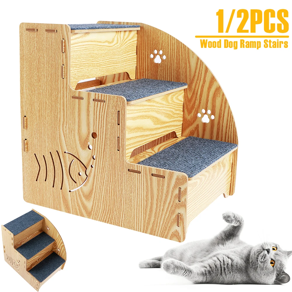 1/2Pcs Wood Dog Ramp Stairs 3 Tiers Pet Steps Non Slip Pet Stairs with Carpeted Fabric Sleek Dogs Bed Supplies