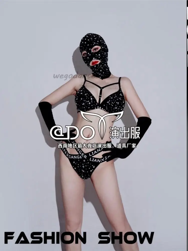 

New Sexy Women Bar Nightclub Sexy Pullover Black Shiny Diamond Bikini GOGO Performance Dress