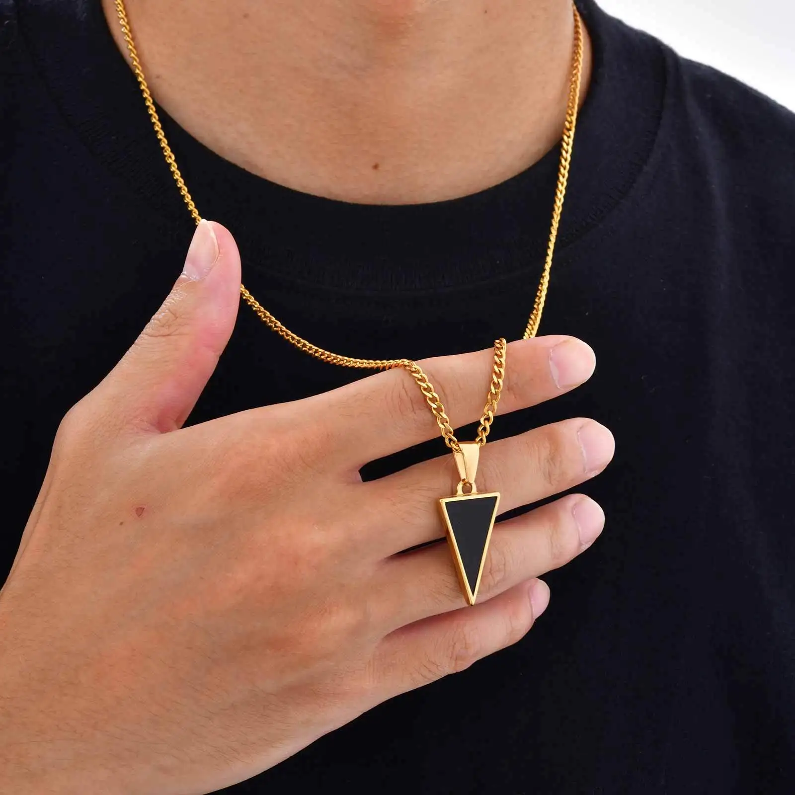 Man Triangular Black Agate Pendant Necklace,Waterproof Stainless Steel Natural Stone Geometric Pendant,Birthday Party Gift