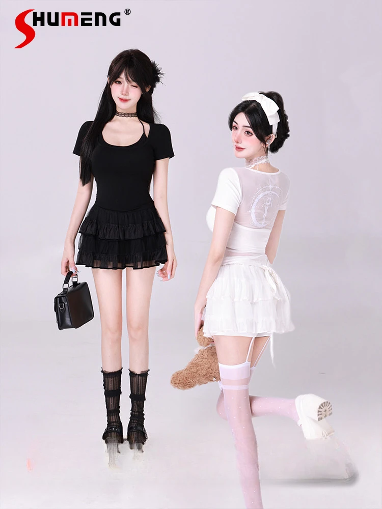 

Женская летняя облегающая футболка с коротким рукавом, кружевная футболка с вырезами и принтом, облегающие тонкие футболки с коротким рукавом, новинка 2024