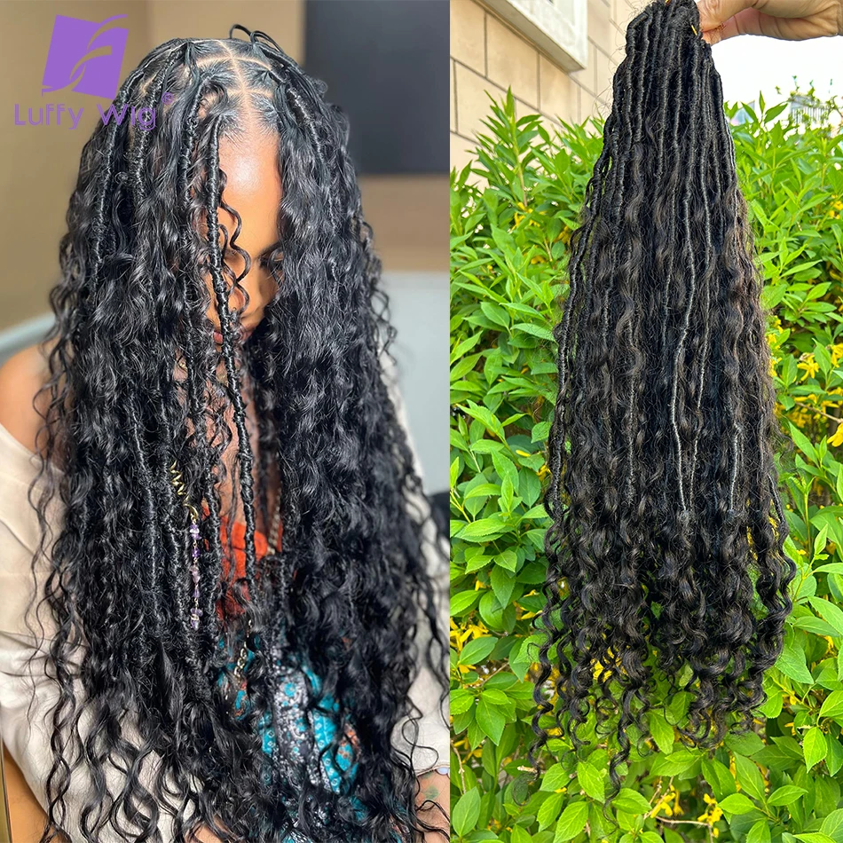 Locs With Human Hair Curls Crochet Boho Goddess DreadLoc Knotless Braid Pre Looped Synthetic Boho Braiding Hair Curly Ends Luffy