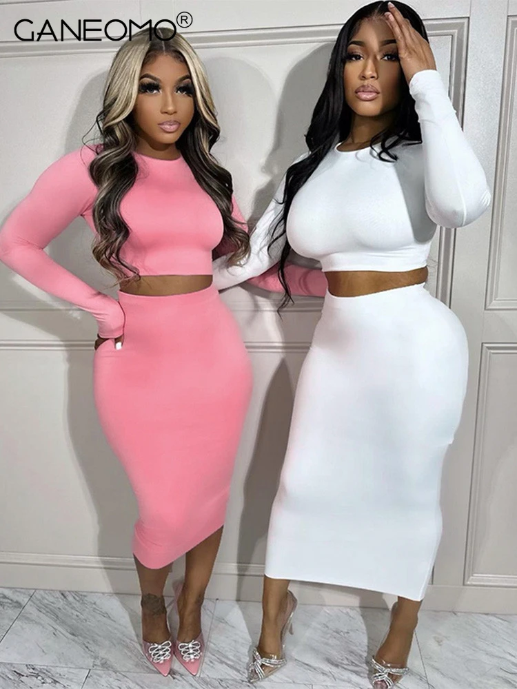 

Women 2023 Autumn Winter Long Sleeve Crop Tops And Long Skirts Suits Two Piece Matching Sets Bodycon Outfits Wholesale Items
