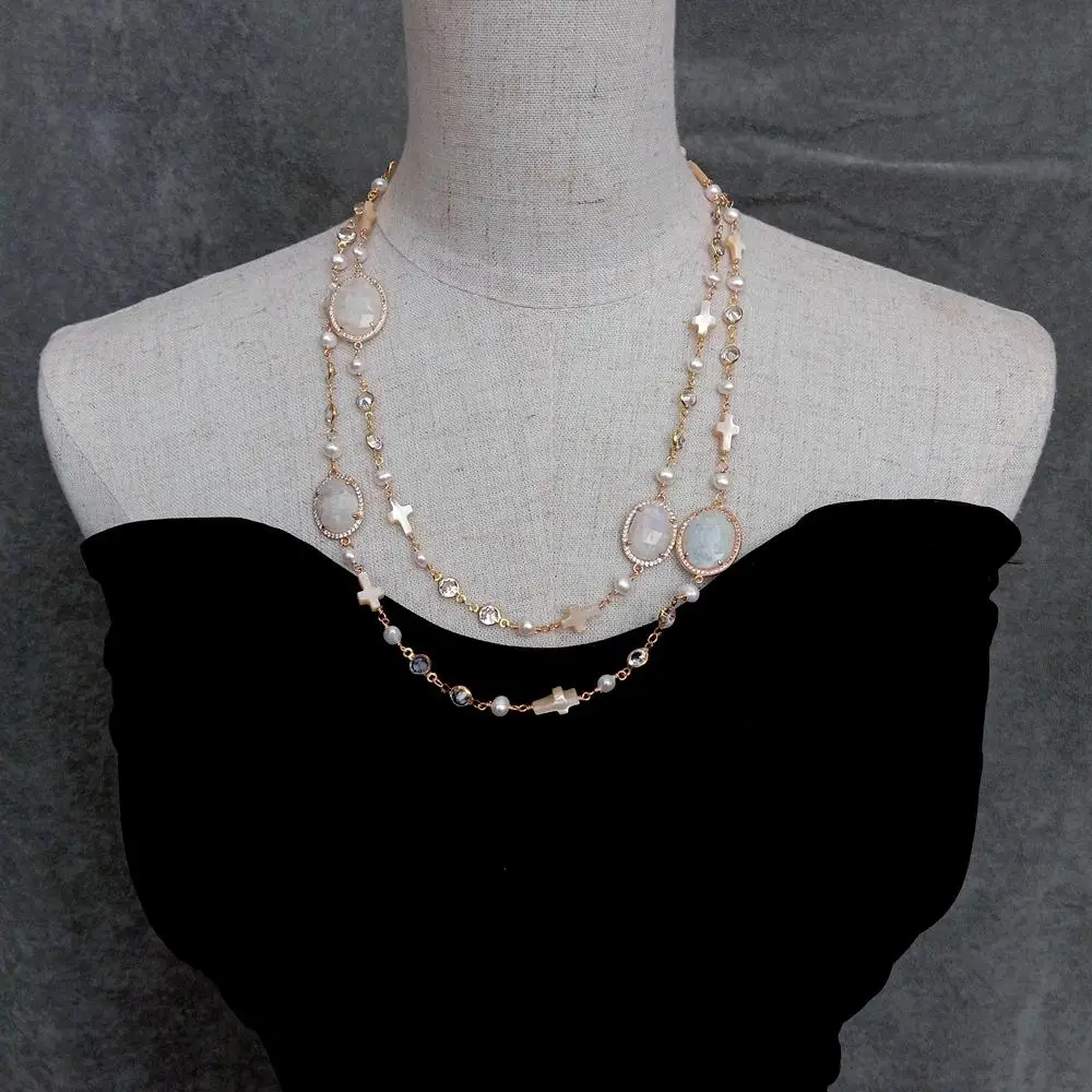 

Y·YING Natural White Moonstone Oval Shell Cross White Pearl Rosary Chain Station Lone Necklace