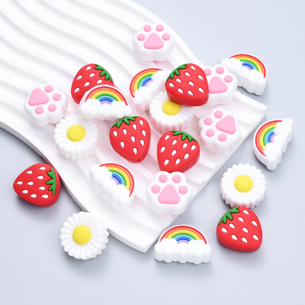 Cat Claw Strawberry Rainbow Chrysanthemum Food Grade Silicone Beads DIY Newborn DIY Pacifier Chain Necklace Accessories silicone beads,silicone jewelry accessories 4Pcs