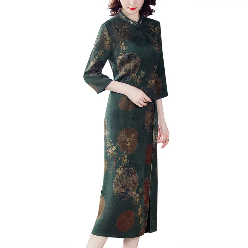 

Шелковое платье-Ципао, женское летнее элегантное платье в китайском стиле для мам, юбка средней длины