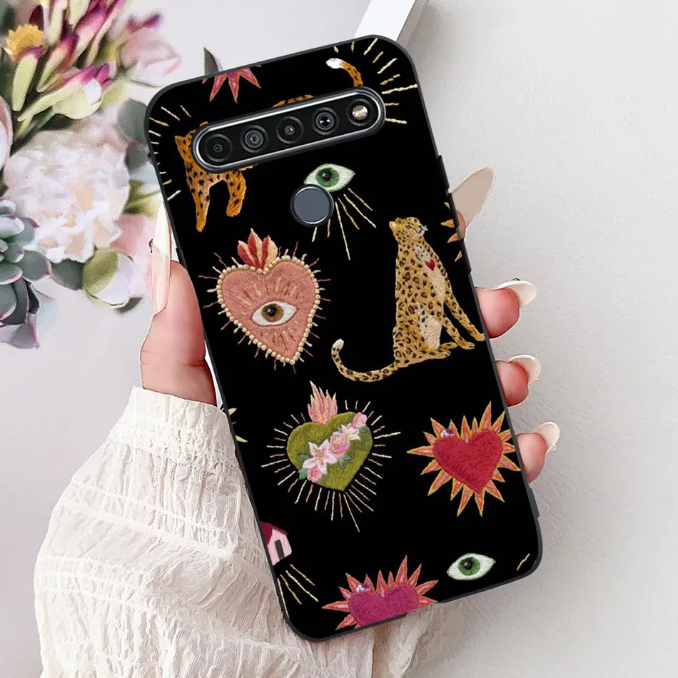Elegant Floral Cat Printed Black Silicone Phone Case