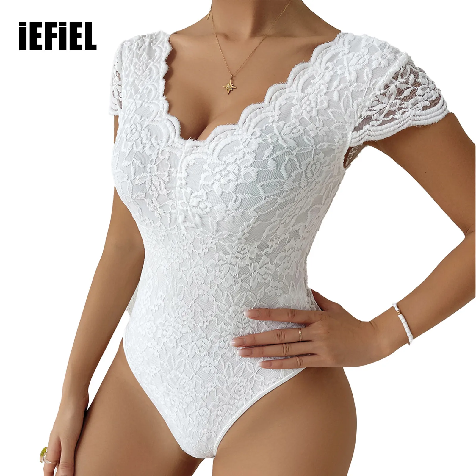 New Sexy Floral Lace Bodysuit V Neck Cap Sleeve See-through Back Scalloped Edge Party Jumpsuit See Through Overalls Lingerie