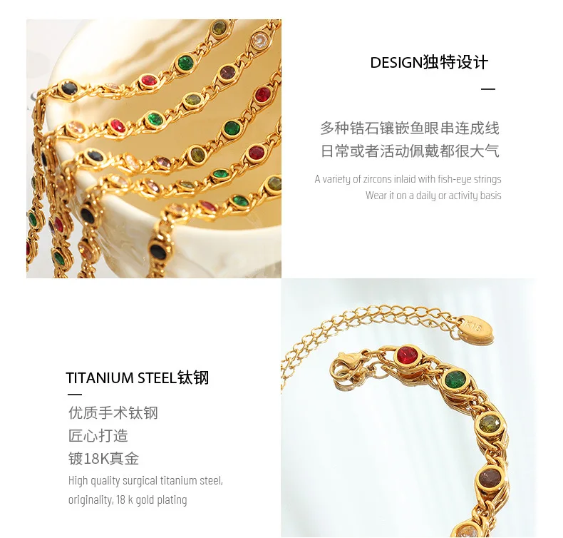 Fashion Colorful Zircon Necklace Bracelet Fashion Niche Fish Eye Stitch Chain Jewelry Set Accessories