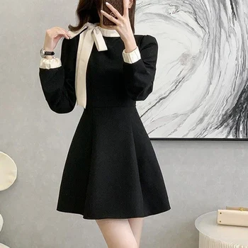 2024 Hot Sale Women Chic Elegant Formal Occasion Mid-Length Dress Autumn Lady Korean Style Designer Bowknots Long Sleeves Dress 1
