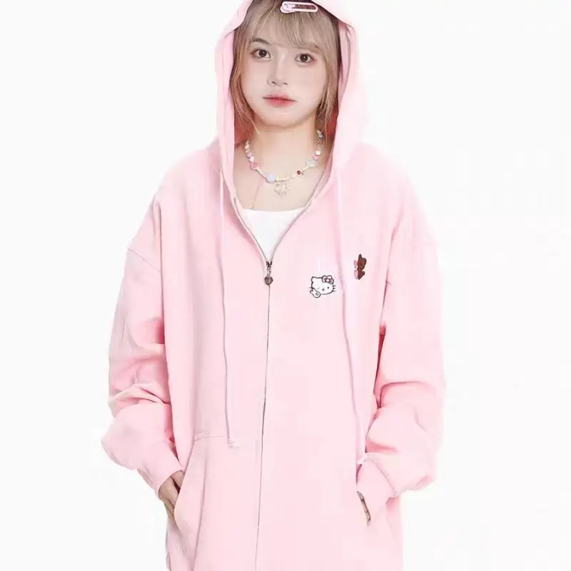 

Женская толстовка с вышивкой Sanrio, Hello Kitty Kawaii, свободный двухмерный милый кардиган Hello Kitty, свитер, плюшевый подарок