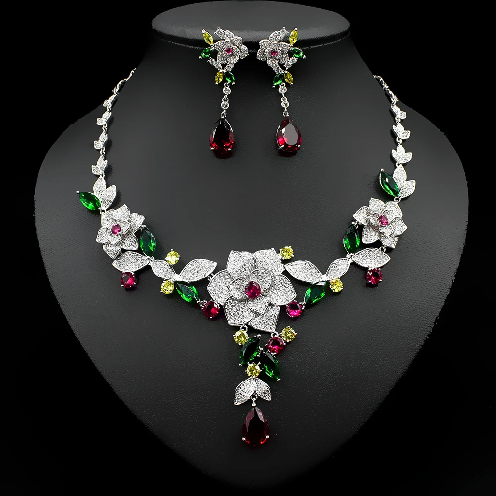 

Luxury Africa Zircon Crystal Jewelry Set For Women India Dubai Bride Wedding Party Necklace Earrings Parure Bijoux Femme Mariage