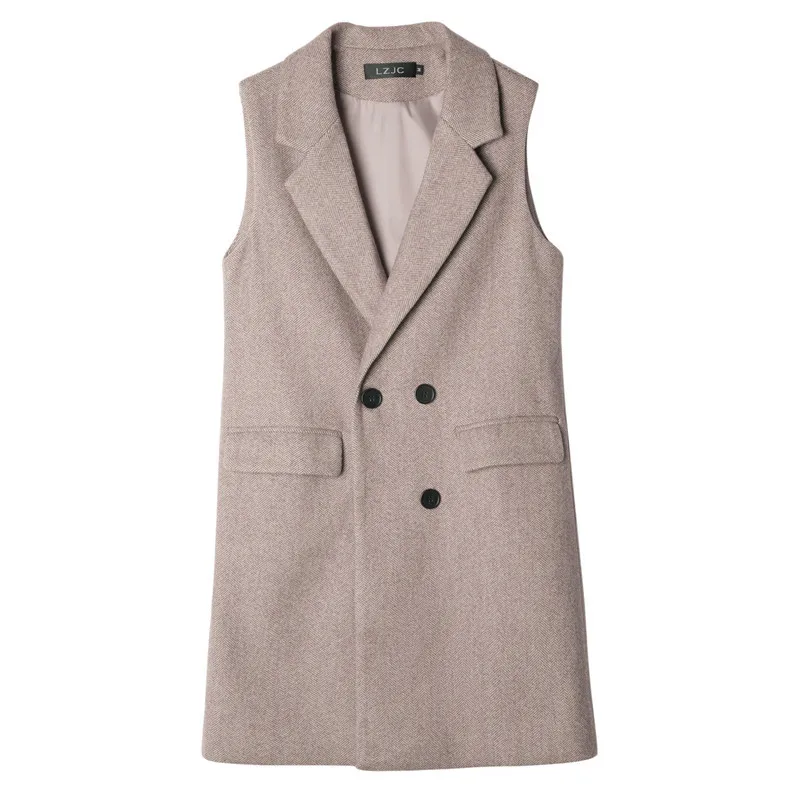 

Female Twill Woolen Long Vest Blazer Autumn Winter Causal Loose Double Breasted Sleeveless Suit Vest Coat