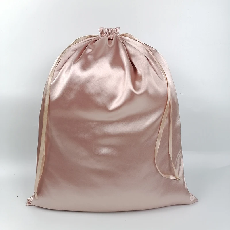 20PCS 사용자 정의 로고 로즈 골드 실크 새틴 Drawstring 가방 메이크업 신발 옷 버진 헤어 확장가 발 포장 가방 저장소