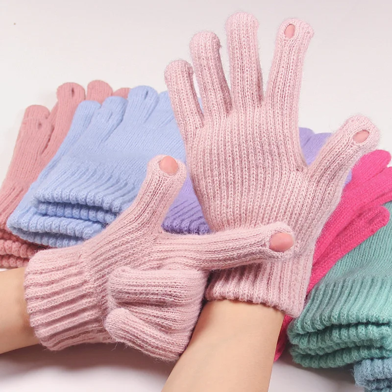 

Winter Woolen Women Knitted Gloves Outdoor Thicken Warm Stretch Gloves Men Touch Screen Full Finger Glove Exposed Finger Mittens