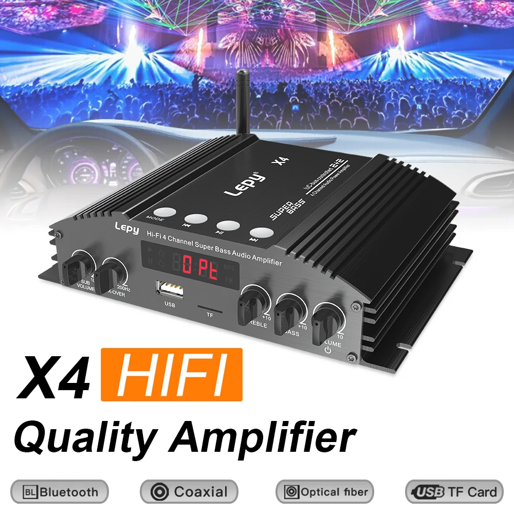 4 Channel Audio Bluetooth Sound Power Stereo Amplifier Mini HiFi Digital Amp for Speakers Treble & Bass