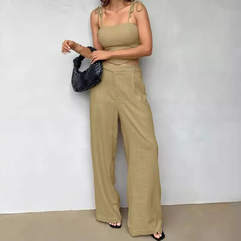Fashion New Halter Top Bra Halter Short Jacket High Waist Wide Legs Long Pants Two-piece Summer Autumn 2024 Commuter Ladies Suit