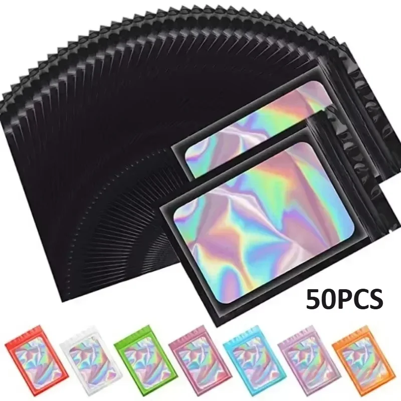 Thick Smell Proof Mylar Bag Holographic Laser Color Plastic Packaging Pouch Jewelry Retail Storage Pouch Gift Zip Lock Bag 50PCS mylar bags,jewelry storage bags,holographic mylar bags,holographic storage bag,holographic bags