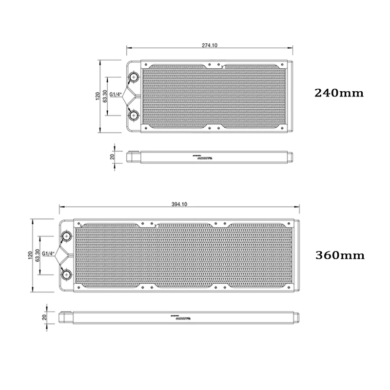 Barrow-radiador de Refrigeração a Água Cobre 20 mm de Espessura g1 Polegada Rosca Branco Preto 12cm Ventilador 240 360 mm 20 mm - Imagem 2