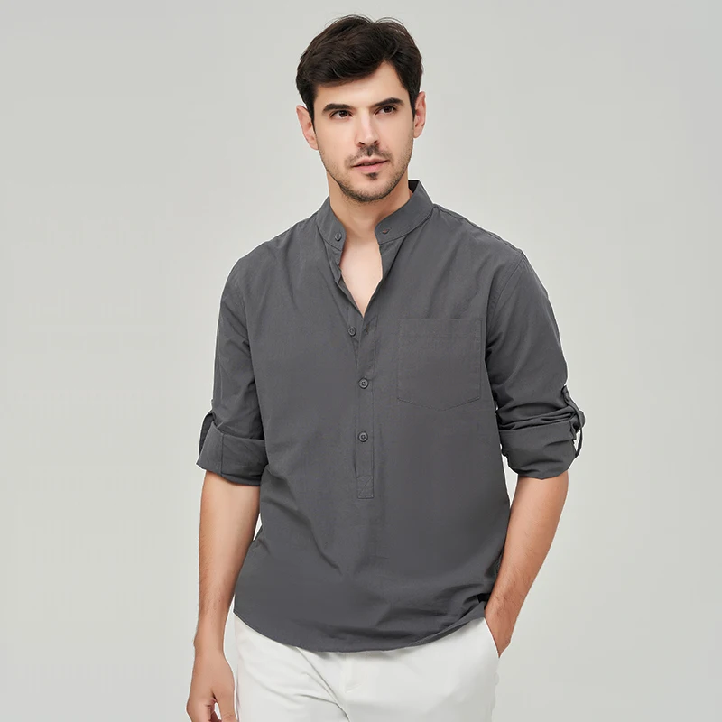 US Size Spring and Autumn 100% Pure Cotton Linen Long Sleeve Shirt Business No Iron Fit Solid Color Large Size High Quality