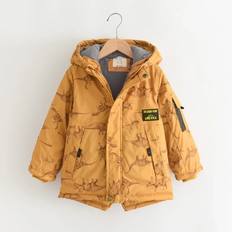 Dinosaur Printed Boy Plush Coat Thick Hooded Cotton Kid Jacket for Girl Winter Cloth for Boy Пальто Для Девочки Пуховик Женский