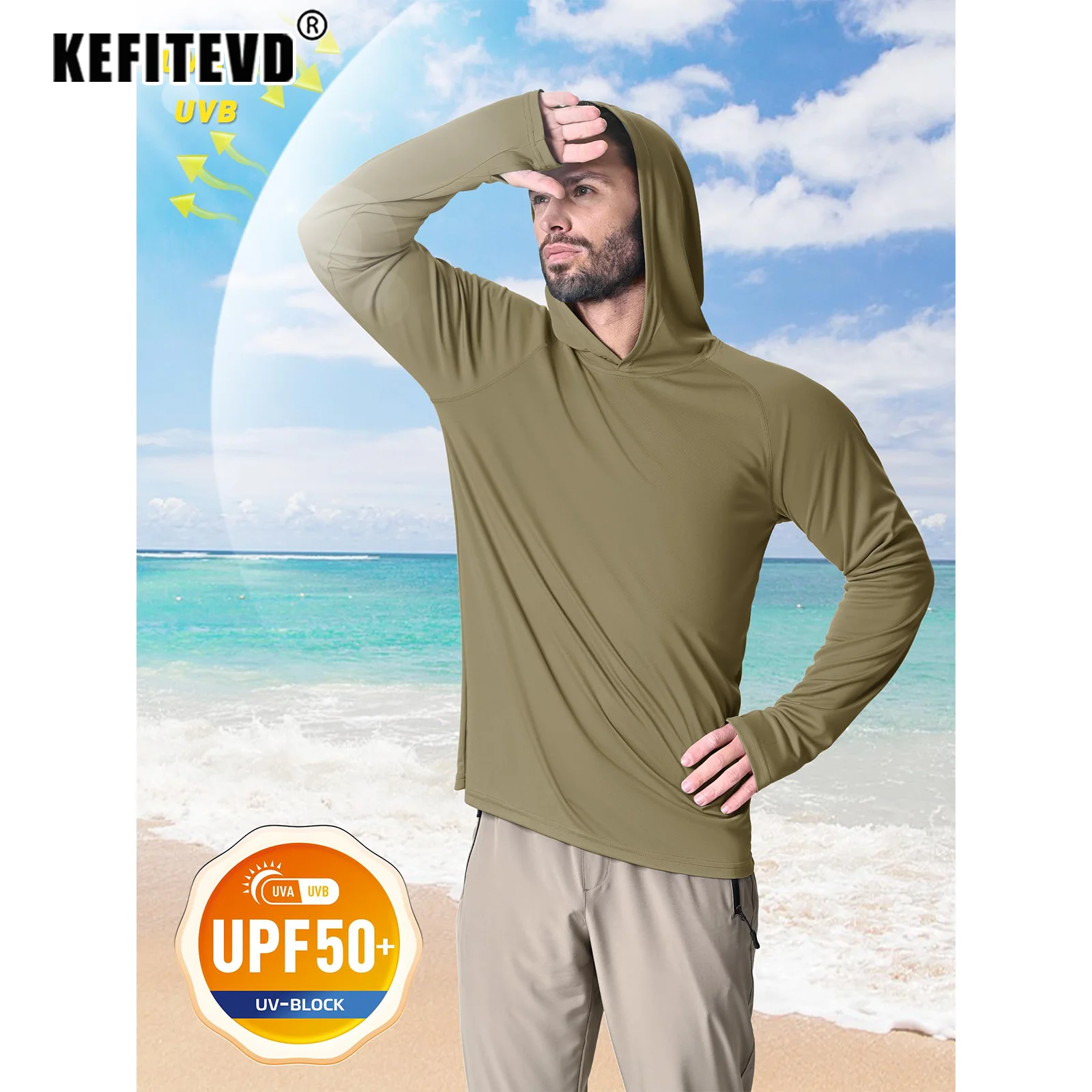 KEFITEVD Men's UPF 50+ Quick Dry Long Shirts Lightweight Sun Protective Long Sleeve T-Shirts Outdoor Thumb Hole Rash Guard Tops