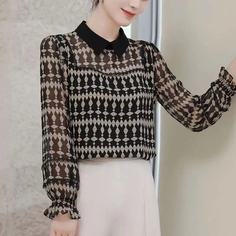 우아함 오피스 레이스 패치 워크 블라우스 여성 새로운 통기성 긴 소매 턴 다운 칼라 패션 모든 경기 쉬폰 셔츠 2022