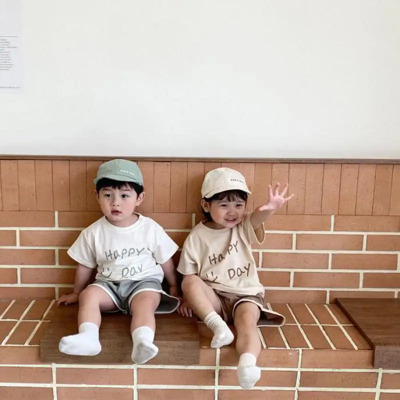 Baby Boy Summer Sports Set Girl Simple Smiley Letter Short Sleeves Tops Casual T-shirt Kid Loose Comfortable Cotton Shorts Suit baby outfit matching set
