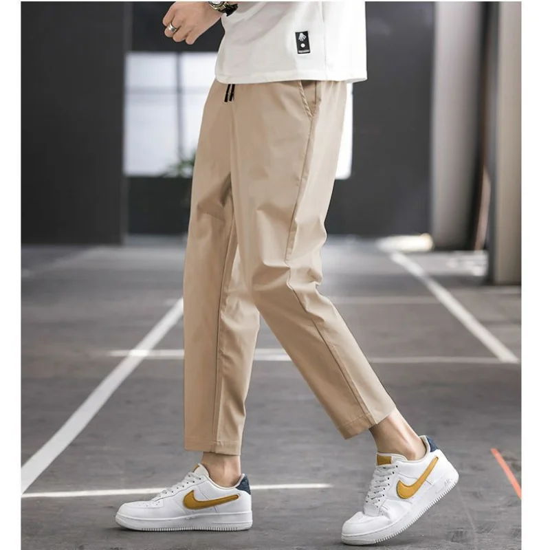 Summer Korean Men Casual Straight Cropped Pants Streetwear Fashion Elastic Waist Drawstring Basic Solid New Thin Slim Trousers