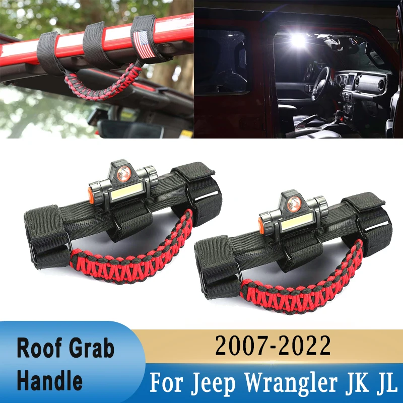 

2Pcs Roof Rod Grab Canvas Handles with LED Light for Jeep Wrangler JK JL 2007-2022 CJ YJ TJ 2.0-4.0 Inch Rods American flag Type